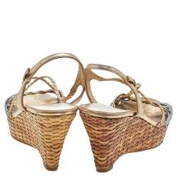Pre Owned Prada Metallic Gold/Silver Leather Braided  Platform Wedge Sandals Size 35
