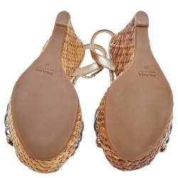 Pre Owned Prada Metallic Gold/Silver Leather Braided  Platform Wedge Sandals Size 35