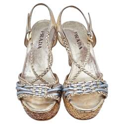 Pre Owned Prada Metallic Gold/Silver Leather Braided  Platform Wedge Sandals Size 35