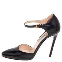 Pre Owned Prada Black Leather D'orsay Ankle-Strap Pumps Size 36.5