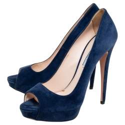 Pre Owned Prada Blue Suede Peep Toe Platform Pumps Size 39.5
