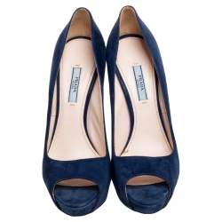 Pre Owned Prada Blue Suede Peep Toe Platform Pumps Size 39.5