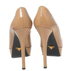 Pre Owned Prada Beige Patent Leather Peep Toe Platform Pumps Size 39