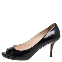 Pre Owned Prada Black Patent Leather Peep-Toe Pumps Size 37.5