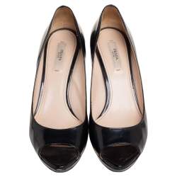Pre Owned Prada Black Patent Leather Peep-Toe Pumps Size 37.5