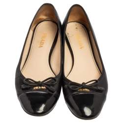 Pre Owned Prada Black Leather And Patent Cap Toe Bow Ballet Flats Size 38