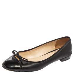 Pre Owned Prada Black Leather And Patent Cap Toe Bow Ballet Flats Size 38