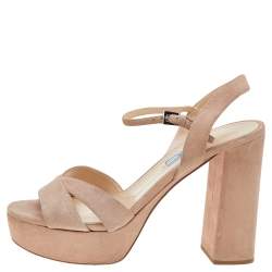 Pre Owned Prada Beige Suede Ankle Strap Platform Sandals Size 38.5
