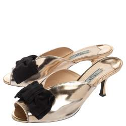 Pre Owned Prada Gold/Black Leather and Fabric Bow Peep-Toe Mules Size 37