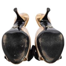 Pre Owned Prada Gold/Black Leather and Fabric Bow Peep-Toe Mules Size 37