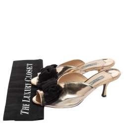 Pre Owned Prada Gold/Black Leather and Fabric Bow Peep-Toe Mules Size 37