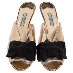 Pre Owned Prada Gold/Black Leather and Fabric Bow Peep-Toe Mules Size 37