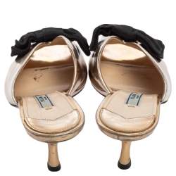 Pre Owned Prada Gold/Black Leather and Fabric Bow Peep-Toe Mules Size 37