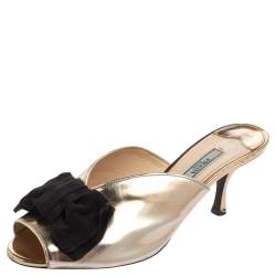 Pre Owned Prada Gold/Black Leather and Fabric Bow Peep-Toe Mules Size 37
