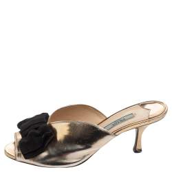 Pre Owned Prada Gold/Black Leather and Fabric Bow Peep-Toe Mules Size 37