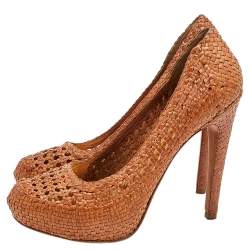 Pre Owned Prada Brown Woven Leather Madras Platform Pumps Size 41.5