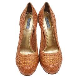 Pre Owned Prada Brown Woven Leather Madras Platform Pumps Size 41.5