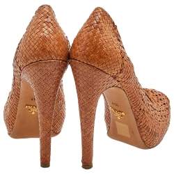 Pre Owned Prada Brown Woven Leather Madras Platform Pumps Size 41.5