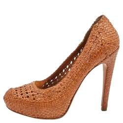 Pre Owned Prada Brown Woven Leather Madras Platform Pumps Size 41.5