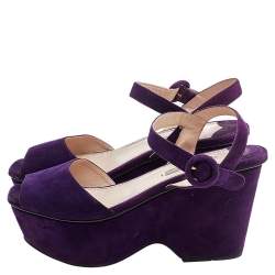 Pre Owned Prada Purple Suede Leather Wedge Peep Toe Platform Sandals Size 38