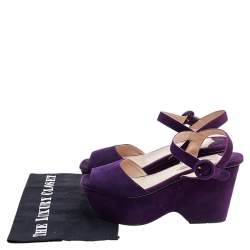 Pre Owned Prada Purple Suede Leather Wedge Peep Toe Platform Sandals Size 38