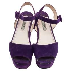 Pre Owned Prada Purple Suede Leather Wedge Peep Toe Platform Sandals Size 38