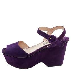 Pre Owned Prada Purple Suede Leather Wedge Peep Toe Platform Sandals Size 38
