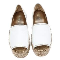 Pre Owned Prada White Leather Open Toe Platform Espadrilles Size 37