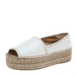 Pre Owned Prada White Leather Open Toe Platform Espadrilles Size 37