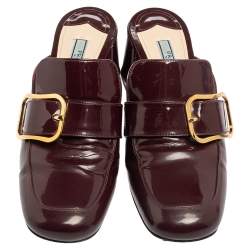 Pre Owned Prada Plum Patent Leather Buckle Block Heel Mules Size 40