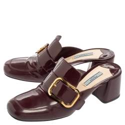 Pre Owned Prada Plum Patent Leather Buckle Block Heel Mules Size 40