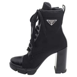 Pre Owned Prada Black Nylon And Leather Cap Toe Ankle Boots Size 39