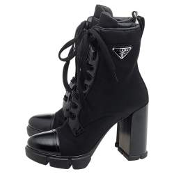 Pre Owned Prada Black Nylon And Leather Cap Toe Ankle Boots Size 39