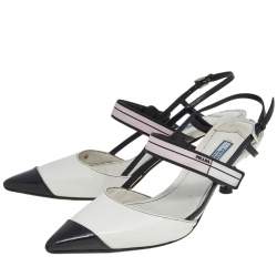 Pre Owned Prada White/Black Leather Cap Toe Slingback Sandals Size 39