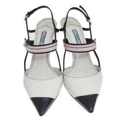 Pre Owned Prada White/Black Leather Cap Toe Slingback Sandals Size 39