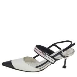 Pre Owned Prada White/Black Leather Cap Toe Slingback Sandals Size 39