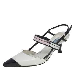 Pre Owned Prada White/Black Leather Cap Toe Slingback Sandals Size 39