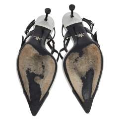 Pre Owned Prada White/Black Leather Cap Toe Slingback Sandals Size 39