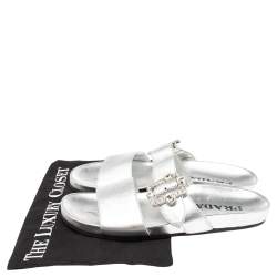 Pre Owned Prada Metallic Silver Leather Double-Strap Crystal Embellished Slides Size 39