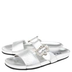 Pre Owned Prada Metallic Silver Leather Double-Strap Crystal Embellished Slides Size 39