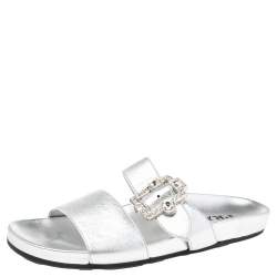 Pre Owned Prada Metallic Silver Leather Double-Strap Crystal Embellished Slides Size 39