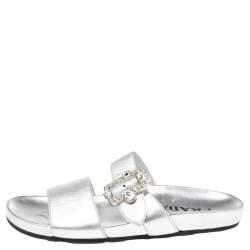 Pre Owned Prada Metallic Silver Leather Double-Strap Crystal Embellished Slides Size 39