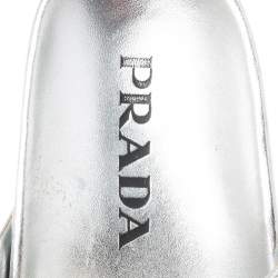 Pre Owned Prada Metallic Silver Leather Double-Strap Crystal Embellished Slides Size 39