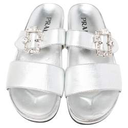 Pre Owned Prada Metallic Silver Leather Double-Strap Crystal Embellished Slides Size 39
