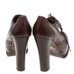 Pre Owned Prada Brown Leather Platform Brogue Lace Up Booties Size 38.5
