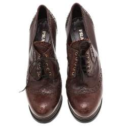 Pre Owned Prada Brown Leather Platform Brogue Lace Up Booties Size 38.5