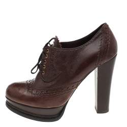 Pre Owned Prada Brown Leather Platform Brogue Lace Up Booties Size 38.5