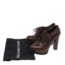 Pre Owned Prada Brown Leather Platform Brogue Lace Up Booties Size 38.5