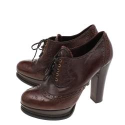 Pre Owned Prada Brown Leather Platform Brogue Lace Up Booties Size 38.5