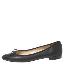 Pre Owned Prada Black Leather and Patent Cap-Toe Bow Ballet Flats Size 37.5